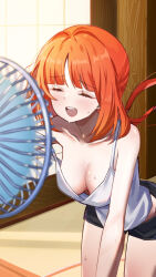 1girl alternate_costume black_shorts blunt_bangs blush breasts cleavage closed_eyes commentary crop_top electric_fan english_commentary genshin_impact indoors long_hair medium_breasts mxsoundtube nilou_(genshin_impact) red_hair sagging_breasts shorts smile solo strap_slip sweat tank_top tatami twintails white_tank_top wind wooden_wall