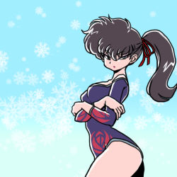 Rule 34 | 1girl, athletic leotard, black hair, crossed arms, female focus, floral print, from side, grey eyes, hip focus, kunou kodachi, leotard, lips, long sleeves, official style, pout, ranma 1/2, side ponytail, side slit, snowflakes, solo, sweatdrop, wanta (futoshi)