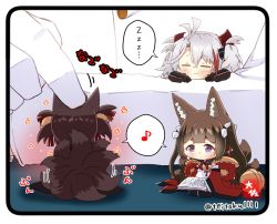 Rule 34 | 3girls, akagi-chan (azur lane), amagi-chan (azur lane), animal ears, antenna hair, azur lane, bell, black gloves, black hair, blunt bangs, blush, book, brown hair, carrying, carrying person, commander (azur lane), commentary request, detached sleeves, eyeshadow, fox ears, fox girl, fox tail, from behind, gloves, grey hair, hair bell, hair between eyes, hair ornament, hair ribbon, headpat, holding, holding book, japanese clothes, kimono, kitsune, kyuubi, little prinz eugen (azur lane), long hair, long sleeves, looking at another, looking away, makeup, military, military uniform, mini person, minigirl, multicolored hair, multiple girls, multiple tails, musical note, naval uniform, off shoulder, out of frame, purple eyes, reading, ribbon, rope, seiza, shimenawa, sidelocks, signature, simple background, sitting, size difference, sleeping, sleeping on person, smile, speech bubble, spoken musical note, streaked hair, tail, tail wagging, taisa (kari), thick eyebrows, translation request, twintails, twitter username, two-tone hair, two side up, uniform, wavy mouth, white gloves, wide sleeves, zzz