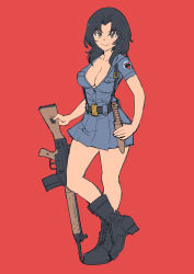 Rule 34 | 10s, 1girl, aoshidan school uniform, assault rifle, battle rifle, belt, black belt, black footwear, black hair, blue eyes, blue shirt, blue skirt, boots, breasts, cetme, cetme model 58, cleavage, closed mouth, combat boots, commentary, crossed legs, el (girls und panzer), extra, girls und panzer, gun, hand on own hip, highres, holding, holding gun, holding weapon, knife, large breasts, long hair, looking at viewer, miniskirt, no bra, onsen tamago (hs egg), open clothes, open shirt, parted bangs, pleated skirt, red background, rifle, school uniform, shirt, short sleeves, simple background, skirt, smile, solo, standing, standing on one leg, suspenders, weapon