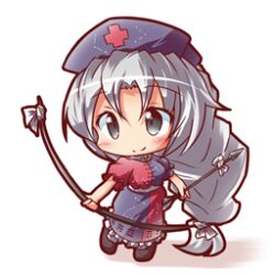 Rule 34 | 1girl, arrow (projectile), blue dress, bow, braid, chibi, collared dress, commentary request, constellation print, cross, dress, grey eyes, grey hair, long hair, lowres, petticoat, red cross, red dress, ryogo, single braid, smile, solo, touhou, trigram, two-tone dress, white hair, yagokoro eirin