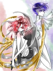 Rule 34 | 2others, ahoge, androgynous, bad id, bad pixiv id, blue eyes, blue hair, blunt bangs, cinnabar (houseki no kuni), colored eyelashes, easty, eyes visible through hair, gem uniform (houseki no kuni), glowing, glowing hair, gold, golden arms, hair between eyes, houseki no kuni, knees to chest, long bangs, looking at another, mercury (element), multiple others, nail polish, phosphophyllite, phosphophyllite (ll), red eyes, red hair, see-through, short hair, sparkle, spoilers