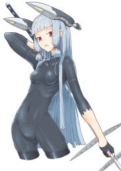 Rule 34 | 1girl, alternate costume, black bodysuit, black gloves, blunt bangs, bodysuit, boushi-ya, breasts, covered navel, cropped legs, fingerless gloves, floating headgear, gloves, grey hair, hair ribbon, headgear, kantai collection, long hair, looking at viewer, murakumo (kancolle), polearm, red eyes, ribbon, short eyebrows, simple background, small breasts, solo, spear, standing, tress ribbon, weapon, white background