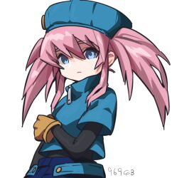 Rule 34 | 1girl, blue eyes, blush, cosplay, foot out of frame, gloves, hat, kaze no klonoa, klonoa, klonoa (cosplay), long hair, looking at viewer, open mouth, pac-man (game), pink hair, presea combatir, simple background, solo, tales of (series), tales of symphonia, twintails