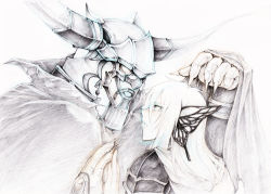 Rule 34 | 2boys, armor, butterfly wings, cape, dissidia final fantasy, final fantasy, final fantasy i, fingernails, garland (ff1), head wings, helmet, holding hands, insect wings, magnet (vocaloid), male focus, monochrome, multiple boys, pauldrons, sharp fingernails, shoulder armor, simple background, vocaloid, warrior of light (ff1), white background, white hair, whitmoon, wings