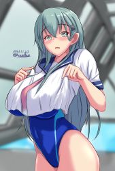 Rule 34 | 1girl, blue one-piece swimsuit, blue sailor collar, blurry, blurry background, blush, breasts, competition swimsuit, cowboy shot, cropped shirt, dated, green eyes, green hair, hair ornament, hairclip, highres, huge breasts, kantai collection, long hair, looking at viewer, montemasa, neckerchief, one-piece swimsuit, open mouth, pool, red neckerchief, rei no pool, sailor collar, school uniform, serafuku, shirt, solo, suzuya (kancolle), swimsuit, twitter username, white shirt