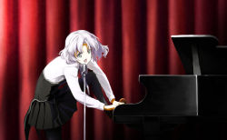 Rule 34 | 1girl, bad id, bad pixiv id, black pantyhose, colored eyelashes, grey eyes, instrument, long sleeves, microphone, microphone stand, music, open mouth, pantyhose, playing instrument, playing piano, sanya v. litvyak, shiratama (hockey), shirt, silver hair, skirt, smile, solo, strike witches, vest, world witches series