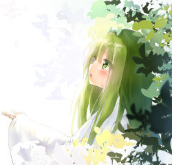 Rule 34 | 1other, absurdres, dated, enkidu (fate), fate/strange fake, fate (series), from side, green eyes, green hair, highres, kingu (fate), leaf, long hair, long sleeves, looking up, open mouth, profile, seboneko, signature, solo, upper body, wide sleeves