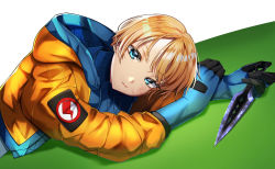Rule 34 | 1girl, animification, apex legends, blonde hair, blue bodysuit, blue eyes, blue gloves, bodysuit, borrowed weapon, facial scar, gloves, highres, holding, holding knife, hood, hooded jacket, jacket, knife, kunai, leaning forward, leaning on object, lichtenberg figure, looking at viewer, nitogebeto, orange jacket, scar, scar on cheek, scar on face, short hair, solo, wattson (apex legends), weapon
