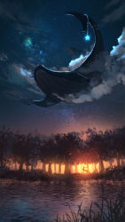 Rule 34 | asaka fuyutoshi, cloud, deer, flying whale, forest, highres, nature, night, no humans, original, scenery, sky, star (sky), star ornament, starry sky, sunset, water, whale