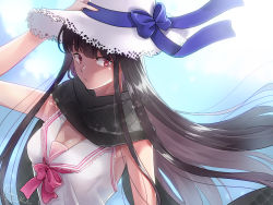 Rule 34 | 1girl, black hair, black scarf, blouse, breasts, cleavage, fate/grand order, fate (series), hat, koha-ace, large breasts, long hair, looking at viewer, omizu (mimisyumikan), open mouth, oryou (fate), pink eyes, scarf, shirt, sleeveless, sleeveless shirt, sun hat, very long hair, white hat, white shirt