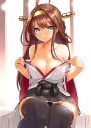 Rule 34 | 10s, 1girl, agarwood, ahoge, bare shoulders, black thighhighs, blue eyes, blush, boots, breasts, brown hair, cleavage, clothes pull, collarbone, detached sleeves, double bun, embarrassed, hair bun, hairband, headgear, indoors, japanese clothes, kantai collection, knees together feet apart, kongou (kancolle), large breasts, long hair, looking at viewer, miniskirt, no bra, nontraditional miko, open mouth, petticoat, pleated skirt, ribbon-trimmed sleeves, ribbon trim, shirt, shirt pull, sitting, skirt, solo, thigh boots, thighhighs, undressing, white shirt, wide sleeves, zettai ryouiki