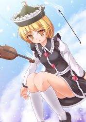 Rule 34 | 1girl, blonde hair, blue sky, bow (music), cloud, hat, highres, instrument, long sleeves, lunasa prismriver, lzh, open mouth, shirt, skirt, skirt set, sky, solo, touhou, vest, violin, yellow eyes