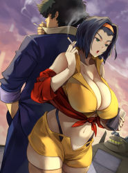 Rule 34 | 1boy, 1girl, alternate body size, alternate breast size, artist request, back-to-back, black hair, breasts, cigarette, cleavage, cowboy bebop, curvy, dutch angle, faye valentine, green eyes, hairband, highres, holding, holding cigarette, huge breasts, plump, short hair, skindentation, smoking, spike spiegel, yello shorts, yellow hairband