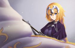 Rule 34 | 1girl, banner, blush, braid, breasts, capelet, chain, closed mouth, corset, eyelashes, fate/grand order, fate (series), gauntlets, grey background, headpiece, highres, holding, jeanne d&#039;arc (fate), jeanne d&#039;arc (ruler) (fate), kuwahara taiki, light particles, long hair, looking at viewer, medium breasts, motion blur, purple capelet, simple background, single braid, smile, solo, underbust, upper body