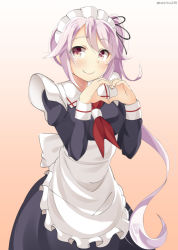 Rule 34 | 10s, 1girl, alternate costume, bad id, bad pixiv id, dress, enmaided, harusame (kancolle), heart, heart hands, kankitsunabe (citrus), kantai collection, long hair, maid, pink hair, red eyes, side ponytail, solo, standing