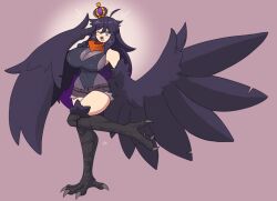 Rule 34 | 1girl, absurdres, ahoge, bare shoulders, bird legs, black feathers, black hair, black leotard, black shorts, black wings, blue eyes, blush, breasts, cleavage, commentary, crown, cutoffs, doce, english commentary, feathers, gradient hair, hair between eyes, harpy, highres, large breasts, leotard, long hair, mini crown, monster girl, multicolored hair, one eye closed, open fly, open mouth, orange scarf, original, pink background, purple hair, scarf, shorts, solo, standing, standing on one leg, talons, teeth, upper teeth only, v, wings