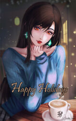 Rule 34 | 1girl, arialla draws, artist name, black hair, blue sweater, breasts, brown hair, coffee cup, collarbone, commentary, cup, disposable cup, earrings, elbow rest, english commentary, eyelashes, final fantasy, final fantasy vii, final fantasy vii remake, happy holidays, highres, indoors, jewelry, light particles, lipstick, long hair, long sleeves, looking at viewer, makeup, medium breasts, parted lips, red eyes, red lips, single sidelock, sitting, solo, sparkle, sweater, swept bangs, table, tifa lockhart, upper body