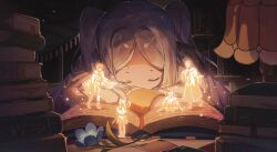 Rule 34 | 1girl, absurdres, blue flower, book, closed eyes, desk lamp, dreaming, elf, flower, frieren, glowing, highres, lamp, long hair, magic, open book, pile of books, pointy ears, shinyshynii, sleeping, sousou no frieren, sparkle, thick eyebrows, twintails, white hair