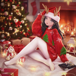 Rule 34 | 1girl, arm up, bigxixi, black hair, blurry, bokeh, box, brown eyes, candy, candy cane, christmas, christmas lights, christmas ornaments, christmas tree, commentary, depth of field, feet, food, fur-trimmed headwear, fur trim, gift, gift box, hat, highres, indoors, lantern, long hair, long sleeves, looking at viewer, no pants, no shoes, open mouth, original, pantyhose, puffy long sleeves, puffy sleeves, red hat, red sweater, santa hat, sitting, sleeves past wrists, snowflake print, soles, solo, star (symbol), sweater, symbol-only commentary, tablet pc, teeth, toes, tree print, upper teeth only, white pantyhose