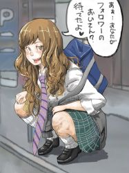 Rule 34 | 1girl, asaken, bag, black footwear, brown eyes, brown hair, clothes around waist, curly hair, dress shirt, highres, long hair, looking at viewer, loose necktie, necktie, open mouth, original, plaid, plaid skirt, pleated skirt, road, school uniform, shirt, shoes, skirt, sleeves rolled up, socks, solo, speech bubble, squatting, street, sweater, sweater around waist, translated, white socks