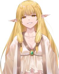 Rule 34 | 1girl, blonde hair, breasts, brooch, collarbone, ear bar, ear piercing, elf, evil smile, gem, green gemstone, hair tubes, highres, jewelry, large breasts, navel, piercing, pointy ears, serie (sousou no frieren), smile, solo, sousou no frieren, uyufuzi s, white background, yellow eyes