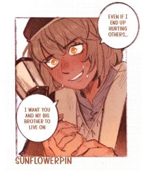 Rule 34 | 1girl, artist name, blush, bob cut, border, comic panel redraw, commentary, derivative work, dungeon meshi, english commentary, english text, falin touden, falin touden (tallman), fingernails, grey hair, hat, holding, holding hands, holding staff, jacket, nervous, nose blush, orange eyes, out of frame, own hands together, short hair, smile, solo focus, spoilers, staff, sunnyflowerday1, sweat, upper body, wide-eyed