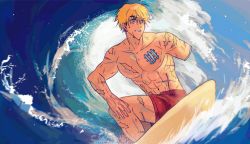 Rule 34 | 1boy, amputee, blonde hair, blue eyes, hang nim 159, happy, highres, male focus, scar, scar on arm, scar on chest, scar on leg, solo, surf, surfing, trigun, vash the stampede, water, wet, wet face, wet hair