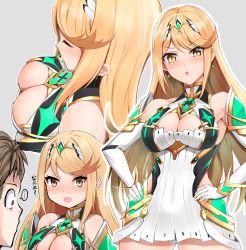 Rule 34 | bare legs, bare shoulders, blonde hair, breasts, chest jewel, cleavage, cleavage cutout, clothing cutout, dress, dyne gallon, earrings, elbow gloves, gem, gloves, headpiece, highres, jewelry, large breasts, long hair, mythra (xenoblade), rex (xenoblade), short dress, swept bangs, tiara, very long hair, white dress, white gloves, xenoblade chronicles (series), xenoblade chronicles 2, yellow eyes