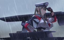 Rule 34 | 1girl, adjusting clothes, adjusting headwear, black gloves, blonde hair, breasts, capelet, celtic knot, cross, from side, gloves, graf zeppelin (kancolle), grey eyes, hair between eyes, hat, highres, iron cross, kantai collection, large breasts, long sleeves, military, military uniform, necktie, peaked cap, profile, rain, red necktie, rigging, sidelocks, solo, twintails, uniform, upper body, white hat, yue (tada no saboten)