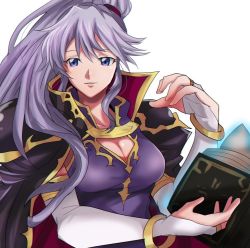 Rule 34 | 1girl, armor, bad id, bad tumblr id, blue eyes, book, breasts, cape, elbow gloves, fire emblem, fire emblem: genealogy of the holy war, gloves, holding, holding book, ishtar (fire emblem), large breasts, long hair, looking at viewer, nintendo, pauldrons, purple hair, rem (eyes 410), shoulder armor, simple background, smile, solo, white background