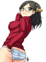 Rule 34 | 10s, 1girl, amau (kosmos), ass, black eyes, black hair, blush, breasts, glasses, hairband, kantai collection, kirishima (kancolle), large breasts, long sleeves, looking at viewer, looking back, panties, personification, ribbed sweater, short hair, simple background, smile, solo, striped clothes, striped panties, sweater, underwear, white background