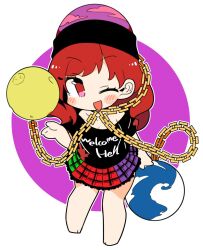 Rule 34 | 1girl, barefoot, black headwear, black shirt, blush, chain, earth (ornament), full body, hecatia lapislazuli, highres, ini (inunabe00), moon (ornament), multicolored clothes, multicolored skirt, off-shoulder shirt, off shoulder, one eye closed, open mouth, red eyes, red hair, shirt, short hair, short sleeves, skirt, smile, solo, touhou