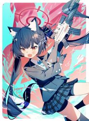 Rule 34 | 1girl, animal ear fluff, animal ears, assault rifle, beretta ar70/90, bike shorts, bike shorts under skirt, black gloves, black shorts, black skirt, black socks, blazer, blue archive, blue coat, blue necktie, blush, border, cat ears, coat, collared shirt, commentary request, fang, feet out of frame, gloves, gun, hair between eyes, halo, highres, holding, holding gun, holding weapon, jacket, kasuga haruhi, lapels, light particles, long sleeves, looking ahead, looking at viewer, multicolored background, necktie, open mouth, plaid, plaid skirt, pleated skirt, red eyes, red halo, rifle, serika (blue archive), shirt, shorts, skin fang, skirt, slit pupils, socks, solo, v-shaped eyebrows, weapon, white border, white shirt