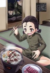 Rule 34 | 1girl, :d, black hair, blush, brown eyes, buttons, chopsticks, cooking, eyebrows, food, gender request, genderswap, hair strand, highres, holding, indian style, indoors, long sleeves, mc axis, military, military uniform, mutaguchi ren&#039;ya, mutaguchi renya, non-web source, open mouth, original, pants, plate, pocket, real life, short hair, shorts, sitting, smile, steam, text focus, tonpuu, translation request, twintails, uniform