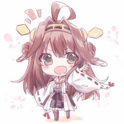Rule 34 | &gt;:d, 10s, 1girl, :d, ahoge, antennae, blush stickers, brown eyes, brown hair, chibi, fang, hair ornament, kantai collection, kongou (kancolle), long sleeves, nontraditional miko, open mouth, outstretched hand, painting (medium), ribbon-trimmed sleeves, ribbon trim, shirt, skirt, smile, solo, traditional media, v-shaped eyebrows, watercolor (medium), wide sleeves, yuya (night lily)