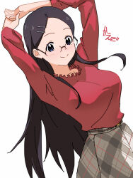 Rule 34 | 1girl, arms up, belt, black hair, blue eyes, blush, breasts, character name, closed mouth, commentary, cowboy shot, dutch angle, frilled shirt collar, frills, glasses, grey skirt, hair ornament, hairclip, ikumono, large breasts, long hair, long sleeves, looking ahead, multicolored clothes, multicolored skirt, own hands together, parted bangs, plaid, plaid skirt, red shirt, rimless eyewear, round eyewear, saitou kaede (yama no susume), shirt, simple background, skirt, smile, solo, white background, yama no susume