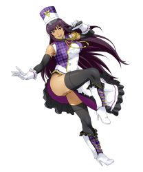 Rule 34 | 1girl, amanomiya ayame, black thighhighs, boots, brown eyes, clothes lift, dark-skinned female, dark skin, elbow gloves, full body, gloves, hat, high heel boots, high heels, holding, holding microphone, leg up, long hair, looking at viewer, microphone, official art, open mouth, purple hair, skirt, skirt lift, solo, super robot wars, super robot wars x-omega, thighhighs, transparent background, watanabe wataru (character designer), white gloves