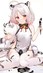 Rule 34 | :3, absurdres, ahoge, animal ears, bare arms, bell, blush, breasts, brush, china dress, chinese clothes, claw pose, closed mouth, dress, facial mark, fake animal ears, fur collar, gradient hair, hair ornament, hand up, highres, holding, holding brush, ink, ink bottle, jingle bell, legs together, medium hair, multicolored hair, neck bell, panther ears, panties, red eyes, red hair, red ribbon, ribbon, shiragami haruka, shou a, side-tie panties, silver hair, sitting, small breasts, smile, stuffed animal, stuffed toy, swept bangs, thighhighs, underwear, white background, white legwear