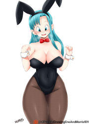 Rule 34 | 1girl, absurdres, animal ears, bare shoulders, black leotard, blue eyes, blue hair, blue pantyhose, bow, bowtie, breasts, bulma, cleavage, curvy, detached collar, dragon ball, fake animal ears, female focus, heavy breathing, highleg, highleg leotard, highres, large breasts, leotard, long hair, looking at viewer, matching hair/eyes, morris1611, naughty face, pantyhose, playboy bunny, rabbit ears, rabbit tail, simple background, smile, solo, standing, tail, white background, wrist cuffs