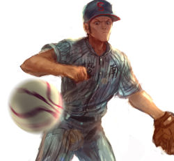 Rule 34 | 1boy, baseball, baseball cap, baseball glove, baseball uniform, black eyes, black hair, clenched hand, cocoice025, frown, hat, looking at viewer, male focus, nishimura isami, pitching, sideburns, sketch, solo, sportswear, standing, touch (manga), white background
