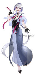 Rule 34 | 1boy, androgynous, arm at side, beckoning, bishounen, black footwear, black gloves, blue capelet, blue dress, braid, capelet, chinese clothes, colored inner hair, crossdressing, dress, earrings, full body, gloves, grey hair, hair intakes, half gloves, hand up, hanfu, highres, holding, holding quill, indie virtual youtuber, jewelry, kogome (azalea4), kogome ari, long dress, long hair, low ponytail, male focus, multicolored hair, pointy ears, purple hair, quill, reaching, reaching towards viewer, simple background, streaked hair, twitter username, very long hair, virtual youtuber, white background, wristband