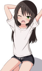 Rule 34 | 1girl, arm behind head, arms up, barefoot, black hair, black shorts, blush, commentary request, green eyes, highres, long hair, one eye closed, open mouth, original, saliva, shadow, shirt, short sleeves, shorts, simple background, solo, squatting, takasuma hiro, white background, white shirt