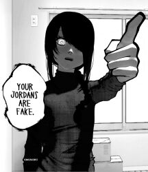 Rule 34 | 1girl, artist name, black hair, braid, braided ponytail, chainsaw man, commentary, greyscale, gwenervi, hair over one eye, hair over shoulder, highres, looking at viewer, medium hair, meme, monochrome, nayuta (chainsaw man), open mouth, pointing, pointing at viewer, ringed eyes, solo