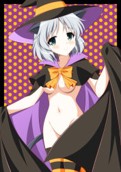 Rule 34 | 1girl, animal ears, areola slip, black cape, black thighhighs, blush, breasts, cape, cat ears, cat girl, cat tail, cloak, convenient censoring, green eyes, grey hair, grin, groin, halloween, hat, highres, isa (ni-iro), looking at viewer, naked cape, naked cloak, navel, polka dot, polka dot background, purple background, sanya v. litvyak, short hair, small breasts, smile, solo, strike witches, tail, thighhighs, witch hat, world witches series