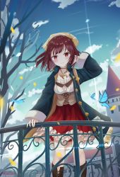 Rule 34 | 1girl, atelier (series), atelier sophie, blunt bangs, blush, brown eyes, brown hair, building, coat, day, green coat, head scarf, highres, jewelry, looking at viewer, necklace, open clothes, open coat, outdoors, railing, red skirt, short hair, skirt, smile, solo, sophie neuenmuller, touhourh