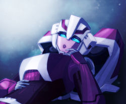 Rule 34 | 1girl, alien, arcee, blue background, blue eyes, gemxfirex, looking at viewer, mecha, medium hair, non-web source, pink lips, robot, solo, transformers, transformers animated