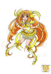 Rule 34 | 10s, 1girl, :d, adapted costume, anniversary, arudebido, bare shoulders, boots, bow, brooch, character name, choker, circlet, copyright name, cure muse, cure muse (yellow), frills, full body, g-clef (suite precure), hair bow, jewelry, knee boots, long hair, magical girl, aged up, open mouth, orange hair, pink eyes, precure, ribbon, shirabe ako, skirt, smile, solo, suite precure, white background, wrist cuffs, yellow bow, yellow skirt