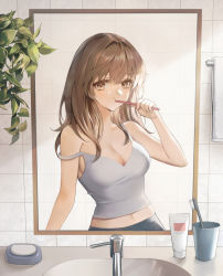 Rule 34 | 1girl, absurdres, arm up, bare arms, bare shoulders, bathroom, breasts, brown eyes, brown hair, brushing teeth, chungla, cleavage, collarbone, cup, faucet, highres, indoors, light blush, long hair, looking at viewer, medium breasts, mirror, navel, original, plant, potted plant, sink, sleeveless, soap, solo, strap slip, tank top, tile wall, tiles, toothbrush, toothpaste, towel, upper body, white tank top
