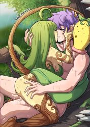 Rule 34 | 1boy, 1girl, ahoge, artist name, bellsprout, breasts, colored skin, creatures (company), cum, freckles, game freak, gen 1 pokemon, girl on top, green hair, hand on another&#039;s head, hand on another&#039;s thigh, hetero, highres, kinkymation, kiss, long hair, medium breasts, monster, monster girl, moss, mushroom, nintendo, outdoors, pitcher plant, plant, plant girl, pokemon, pokemon (creature), purple hair, rain, saliva, sex, sideboob, sitting, sitting on lap, sitting on person, straddling, tail, tree, upright straddle, vine tail, yellow skin